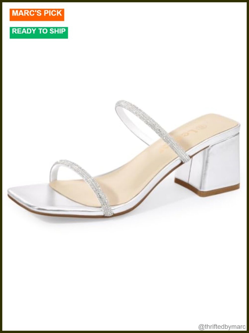 Strappy Slip On Square Toe Block Heel Sandals 2.25in Rhinestone